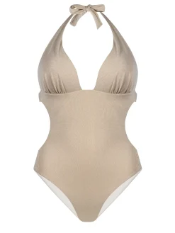 Beżowe błyszczące monokini push-up FL25/641L Lurex