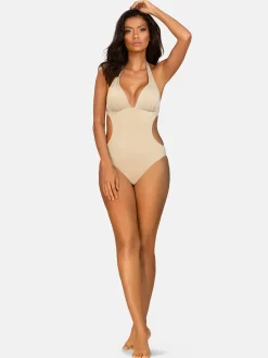 Beżowe błyszczące monokini push-up FL25/641L Lurex