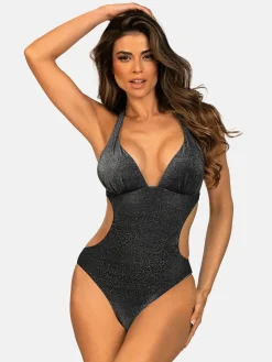 Czarne błyszczące monokini push-up FL25/707L Lurex