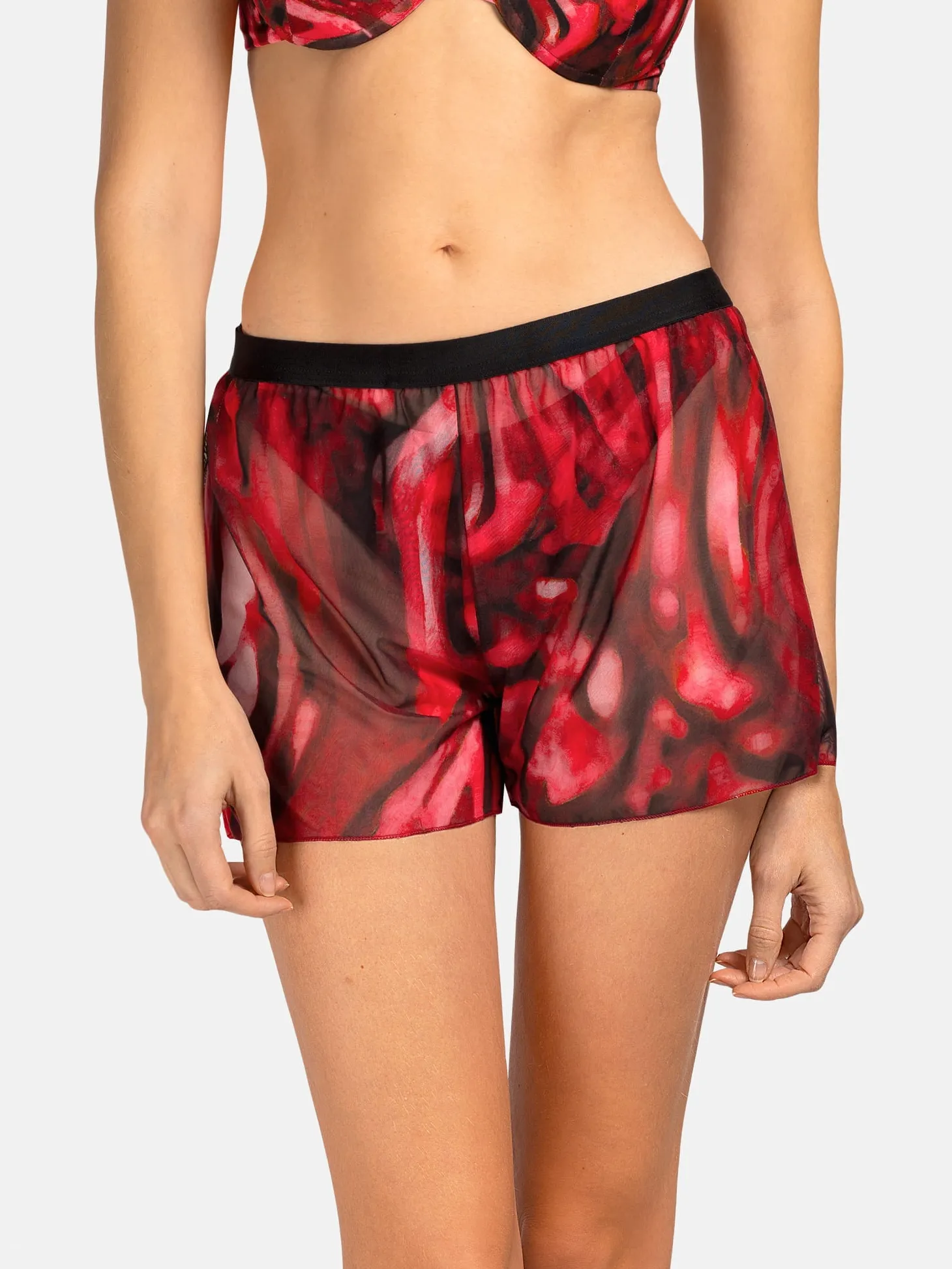 Damskie transparentne szorty plażowe bordo print