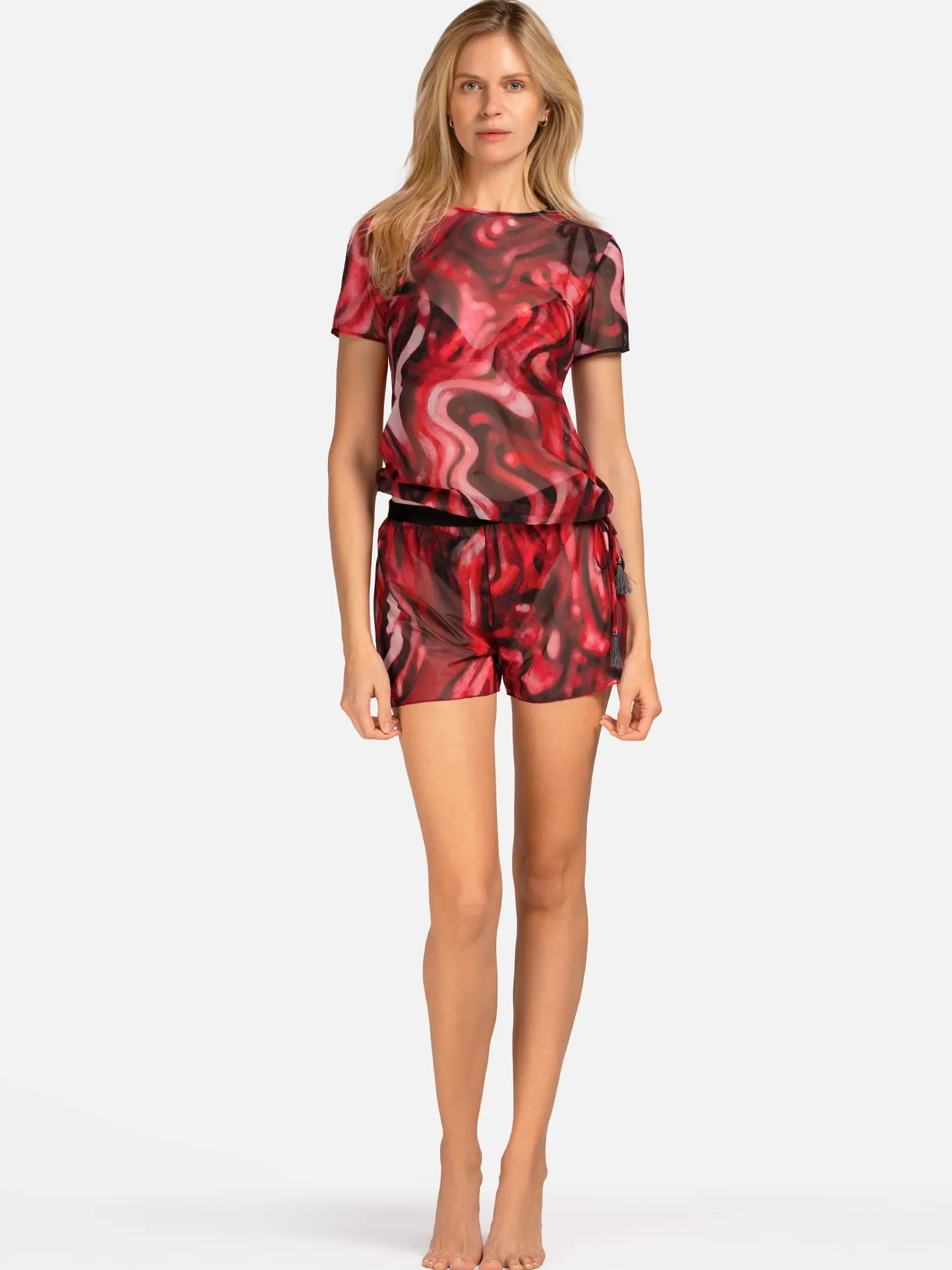 Damskie transparentne szorty plażowe bordo print