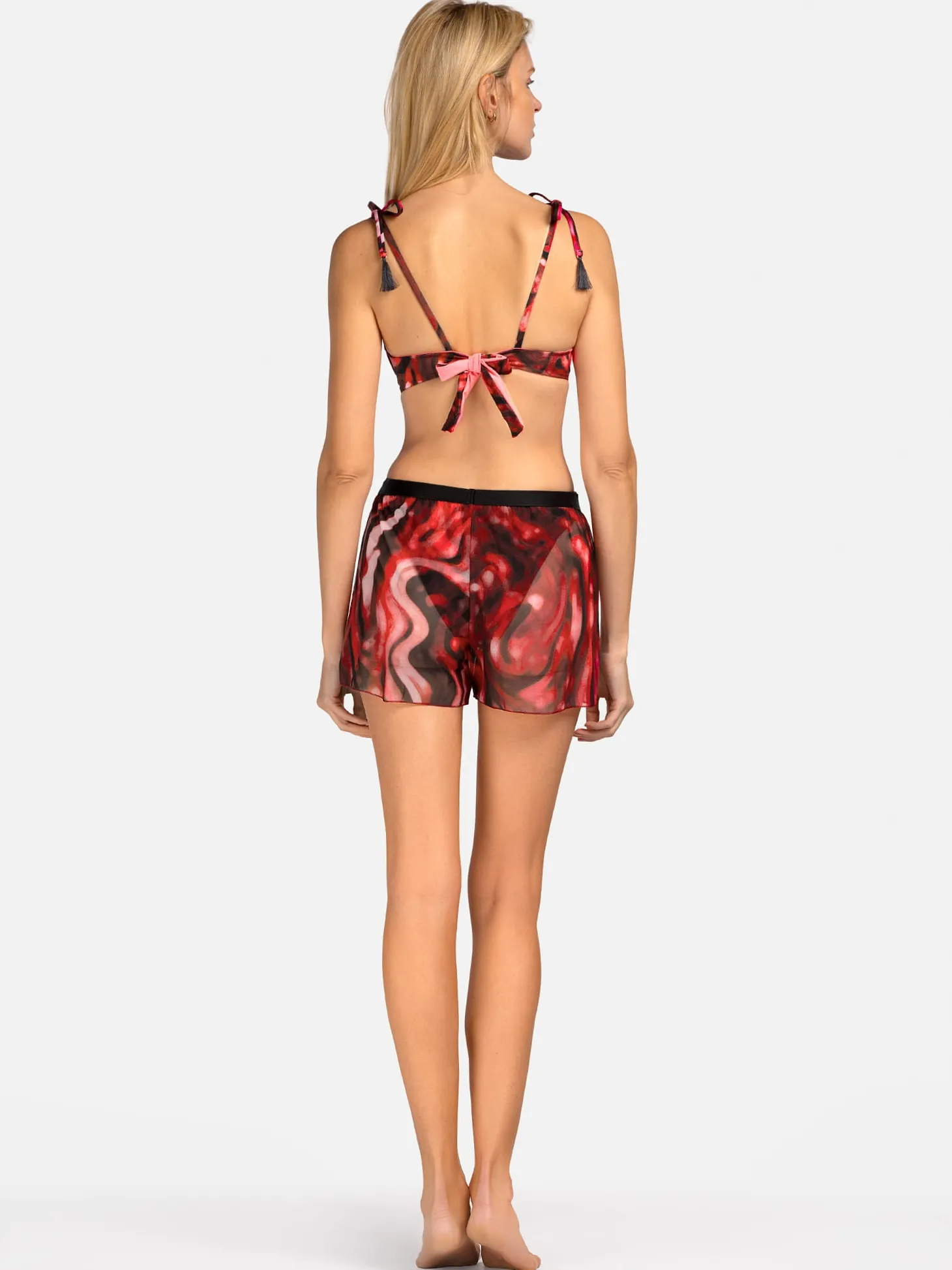 Damskie transparentne szorty plażowe bordo print