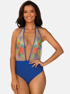 Monokini jednoczęściowe kwiatowy haft FL168A/604H