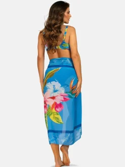 Niebieska chusta plażowa | Pareo w kwiaty F62K/920