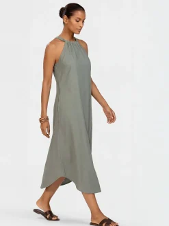 Sukienka maxi z lnem na ramiączkach F252/857 khaki