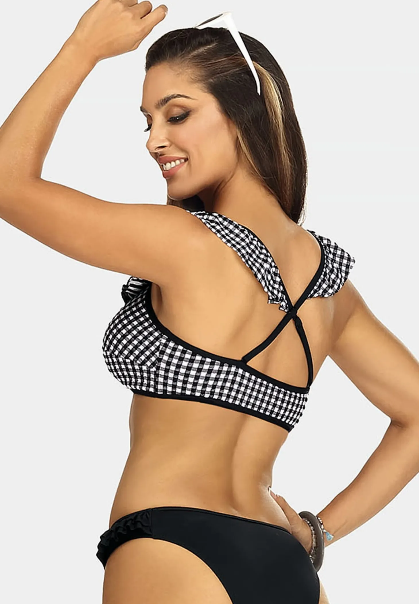 Sznurowana góra bikini z falbanką kratka FG188/824