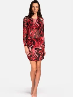 Transparentna letnia sukienka w bordowy print