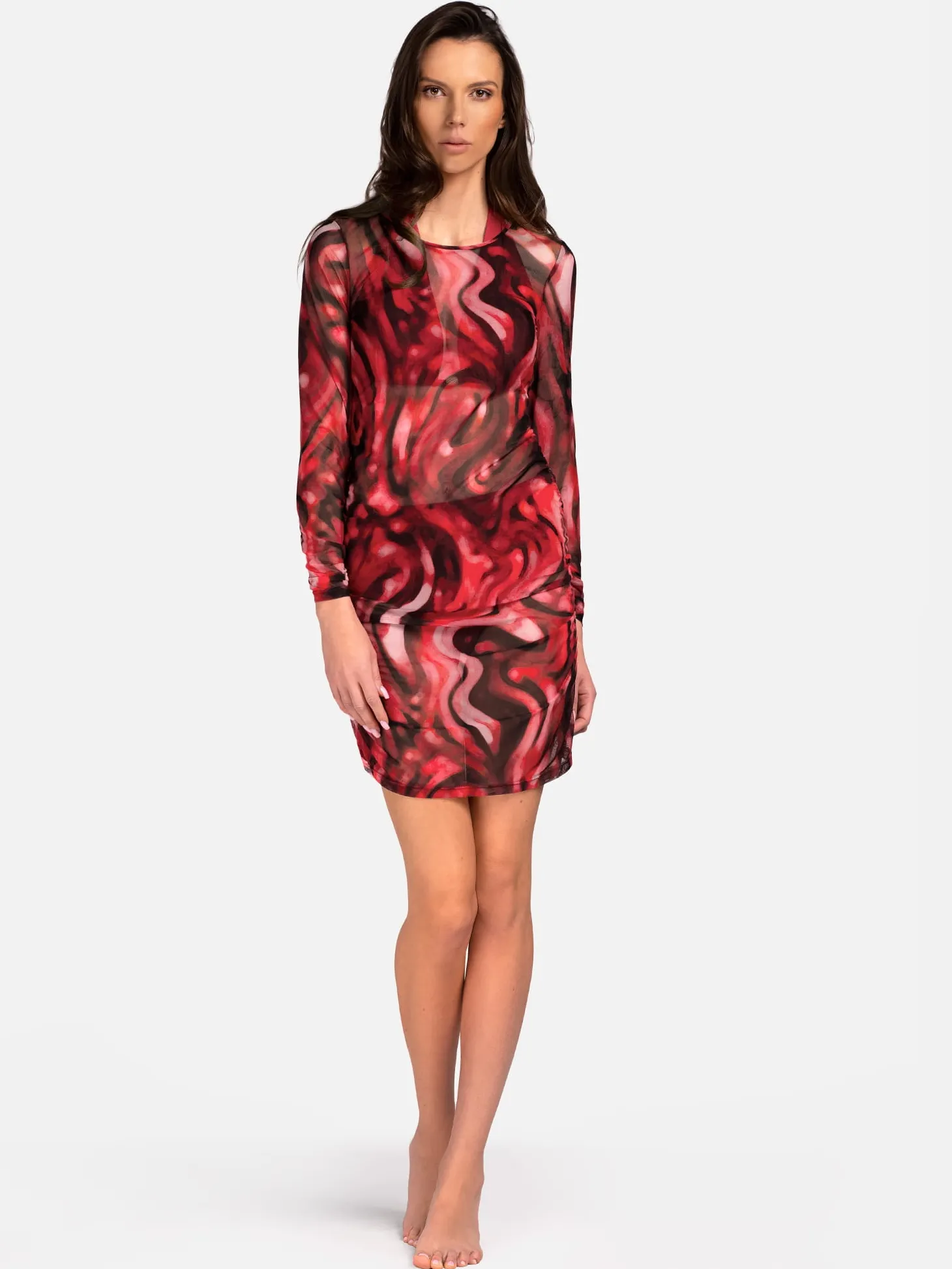 Transparentna letnia sukienka w bordowy print